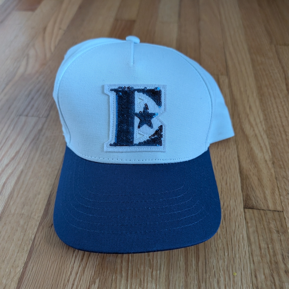 White and Blue Cap with Sequined Letter Patch